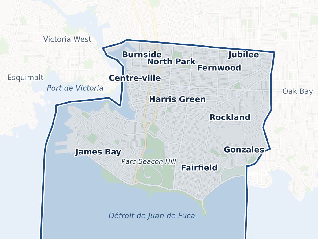 Carte de la circonscription provinciale de Victoria–Beacon Hill, délimitée en bleu. Elle comprend James Bay, le centre-ville et Harris Green, North Park, la majeure partie de Fernwood, Rockland, Fairfield, le parc Beacon Hill, et une partie de Burnside, Jubilee et Gonzales. Oak Bay, Esquimalt et Victoria West sont à l'extérieur de la circonscription.